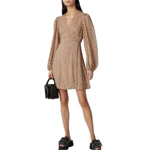 GANNI Brown Nude Polka Dot Wrap Mini Dress size 42 L 10 12 Work Date Night Party
